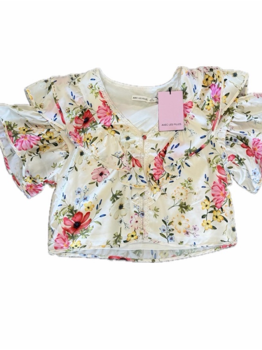 Avec Les Filles Ivory Floral Ruffle Blouse